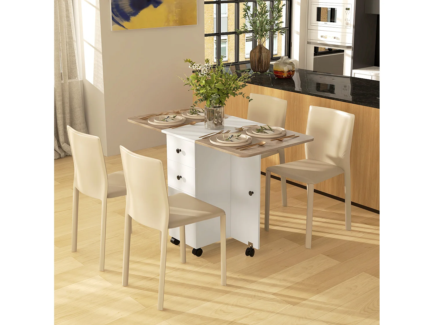 Table pliable de cuisine salle à manger - 2 tiroirs, placard, niche - panneaux aspect bois chêne blanc