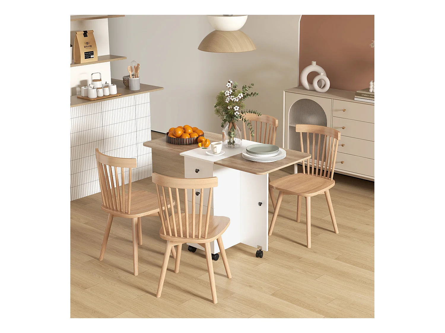 Table pliable de cuisine salle à manger - 2 tiroirs, placard, niche - panneaux aspect bois chêne blanc