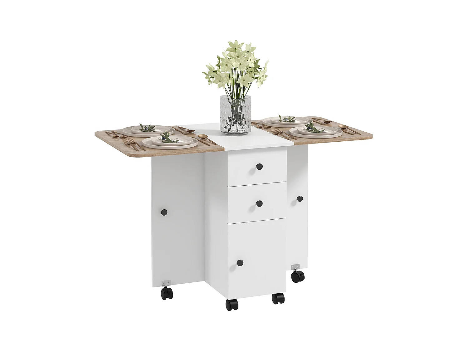 Table pliable de cuisine salle à manger - 2 tiroirs, placard, niche - panneaux aspect bois chêne blanc