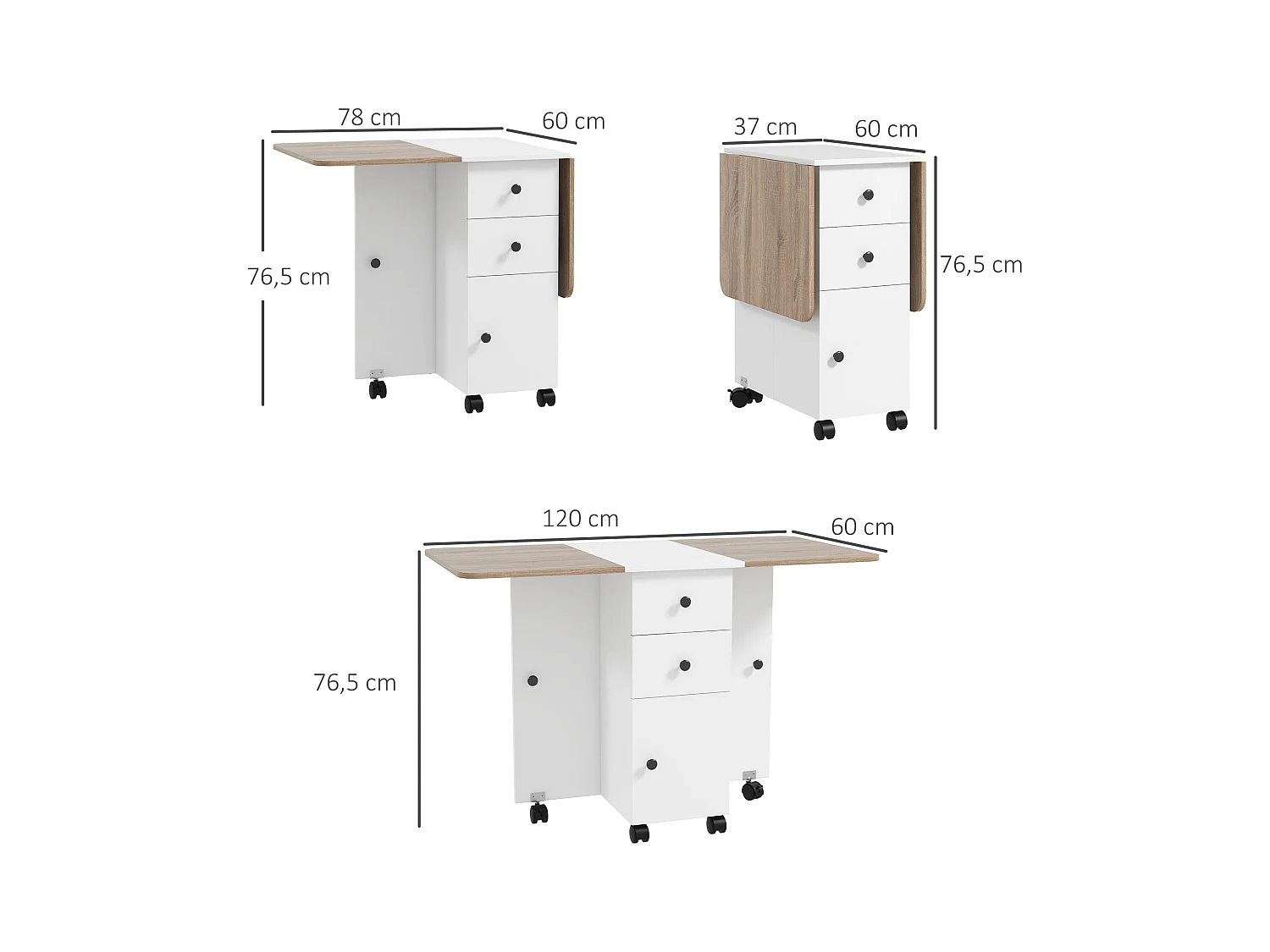 Table pliable de cuisine salle à manger - 2 tiroirs, placard, niche - panneaux aspect bois chêne blanc