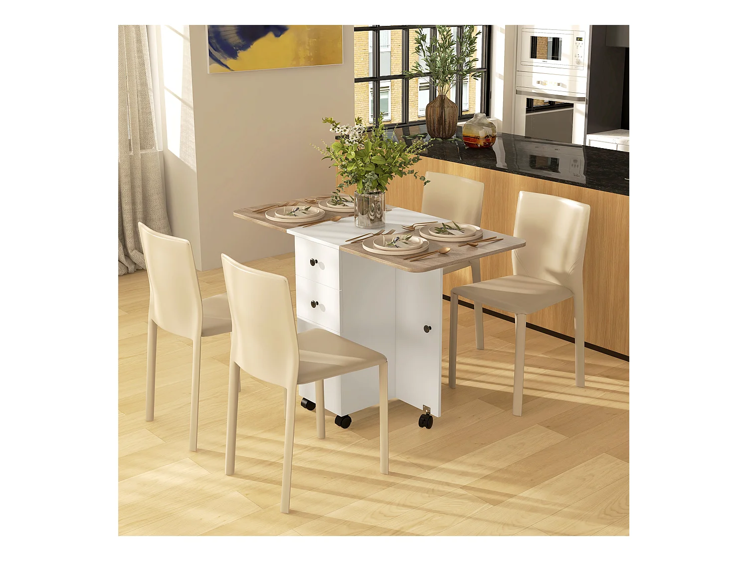 Table pliable de cuisine salle à manger - 2 tiroirs, placard, niche - panneaux aspect bois chêne blanc