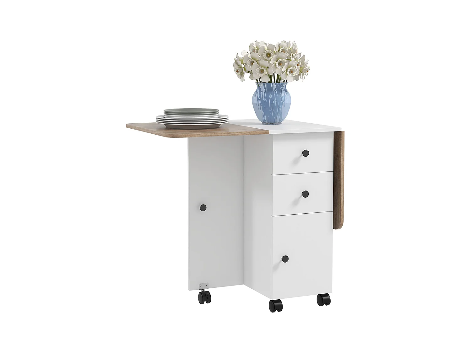 Table pliable de cuisine salle à manger - 2 tiroirs, placard, niche - panneaux aspect bois chêne blanc