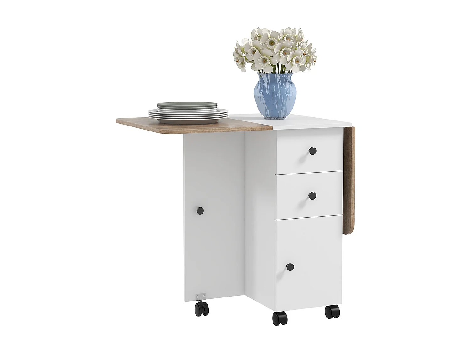 Table pliable de cuisine salle à manger - 2 tiroirs, placard, niche - panneaux aspect bois chêne blanc