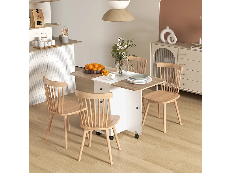 Table pliable de cuisine salle à manger - 2 tiroirs, placard, niche - panneaux aspect bois chêne blanc