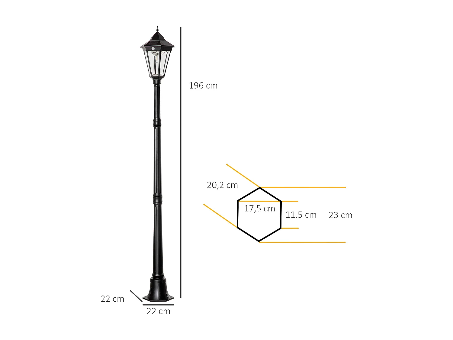 Lampadaire lanterne LED de jardin - capteur, réglable - H. 1,96 m - alu noir