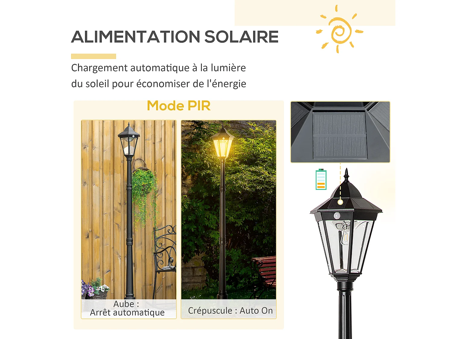 Lampadaire lanterne LED de jardin - capteur, réglable - H. 1,96 m - alu noir