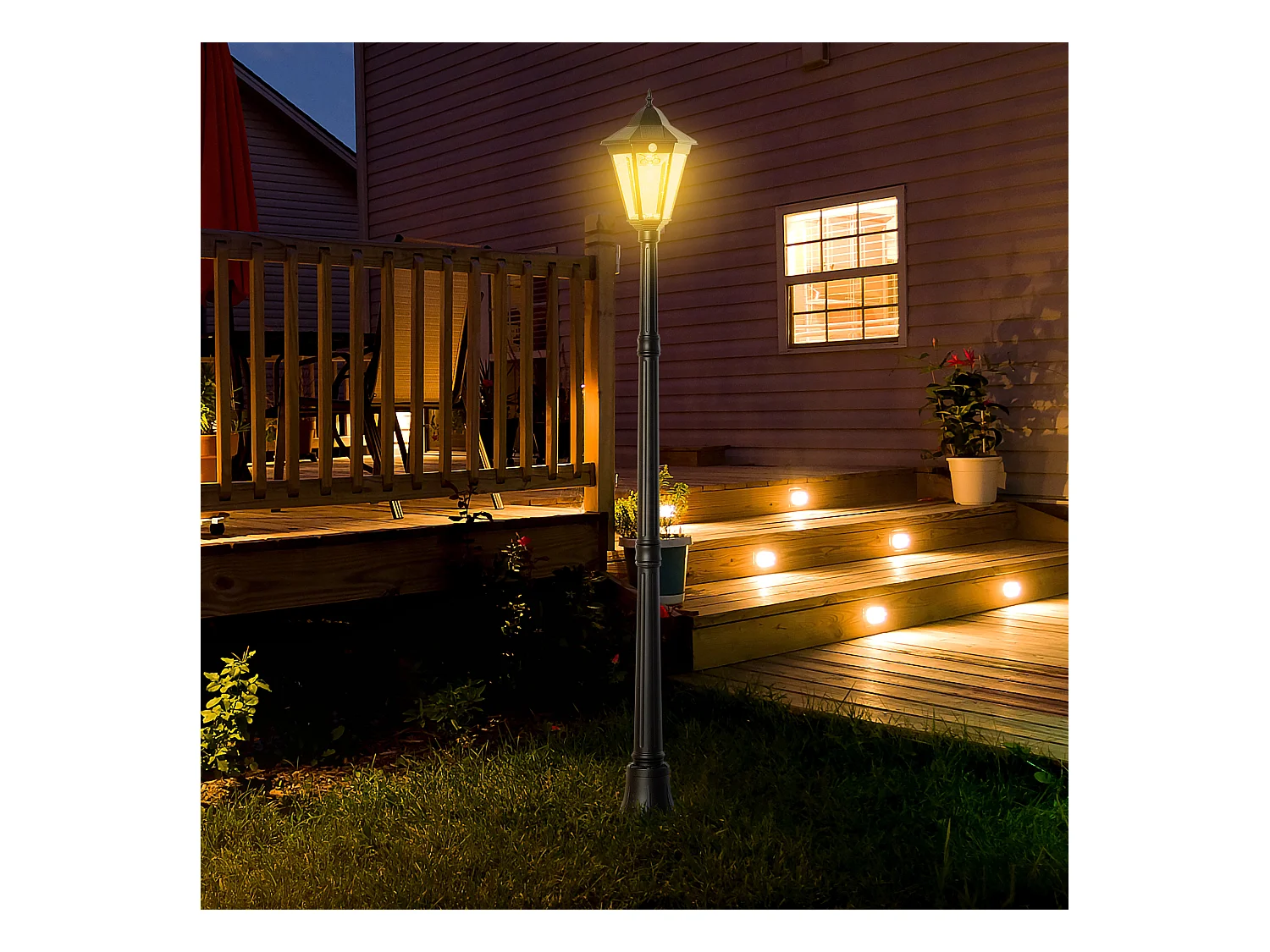 Lampadaire lanterne LED de jardin - capteur, réglable - H. 1,96 m - alu noir
