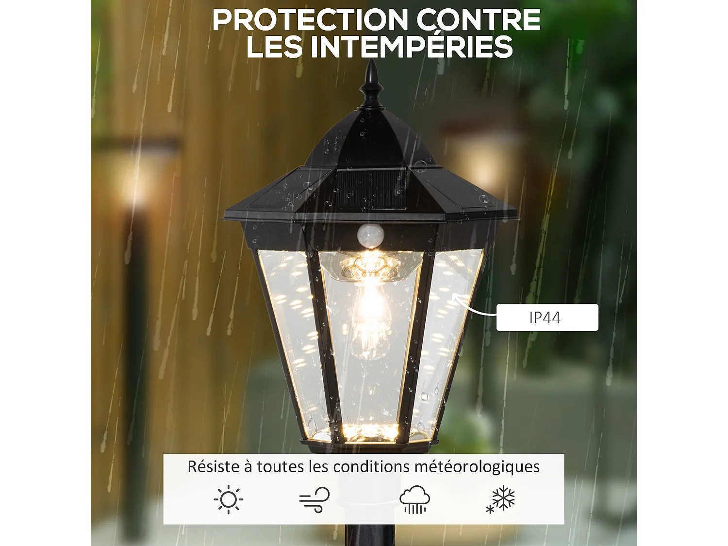Lampadaire lanterne LED de jardin - capteur, réglable - H. 1,96 m - alu noir