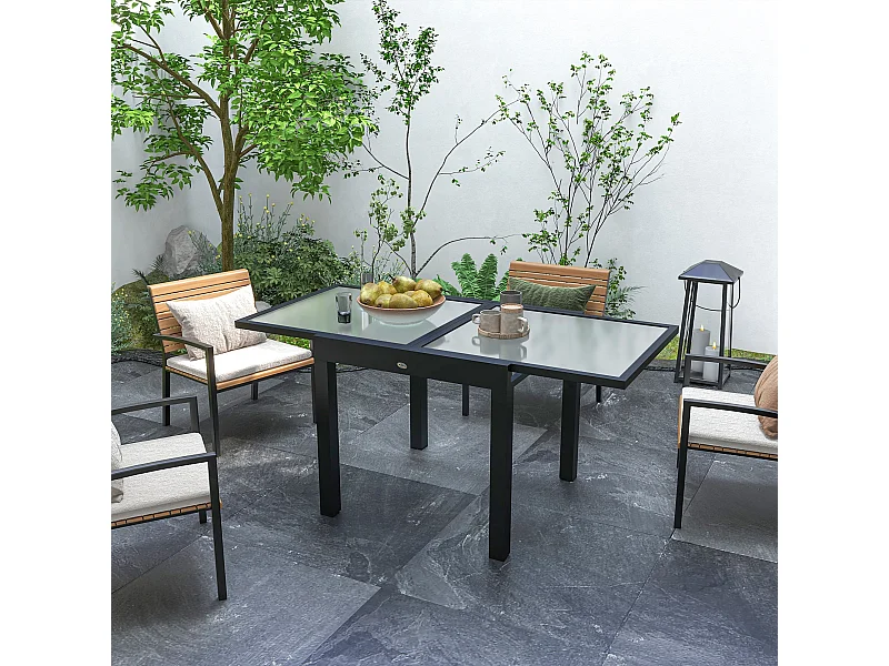Table extensible de jardin grande taille dim. dépliées 160L x 80l x 75H cm alu métal époxy anthracite plateau verre trempé transparent