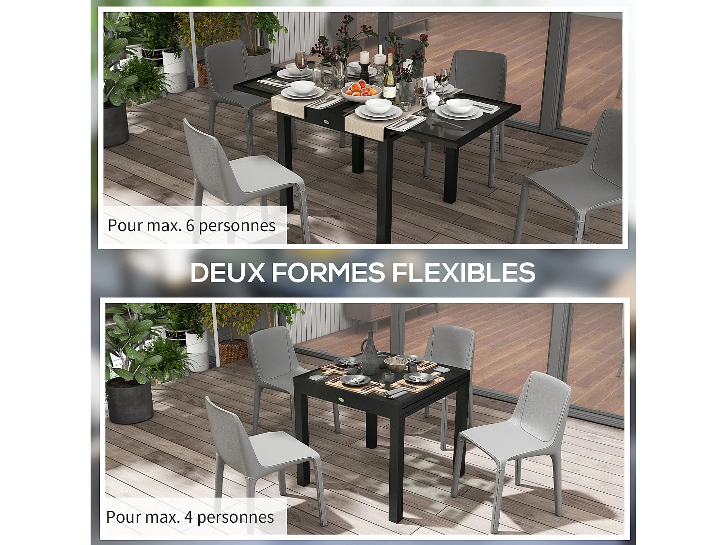Table extensible de jardin grande taille dim. dépliées 160L x 80l x 75H cm alu métal époxy anthracite plateau verre trempé transparent