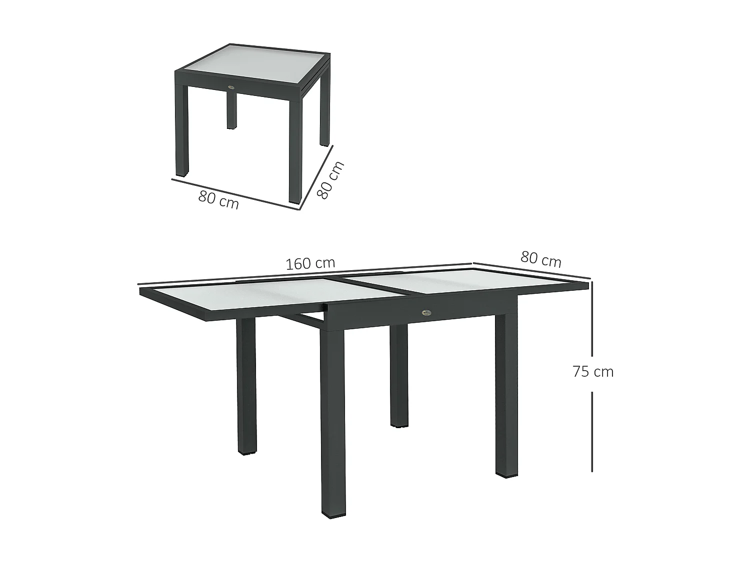 Table extensible de jardin grande taille dim. dépliées 160L x 80l x 75H cm alu métal époxy anthracite plateau verre trempé transparent