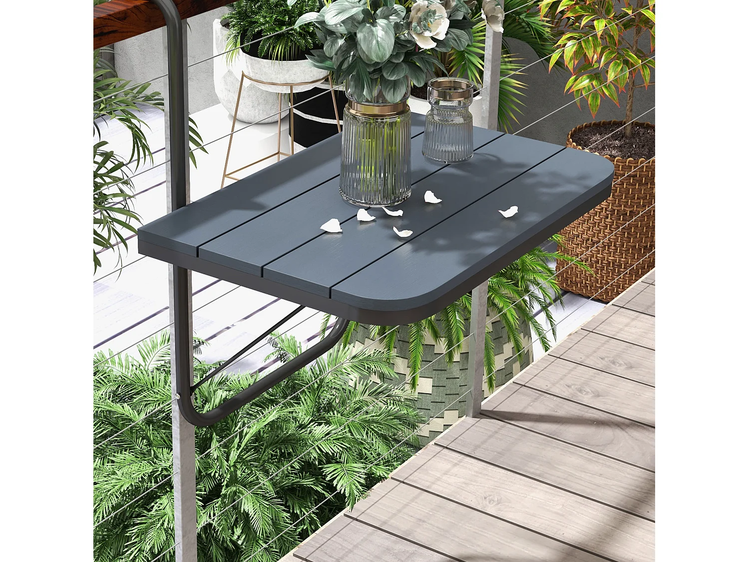 Table suspendue de balcon pliable dim. plateau 60L x 40l cm hauteur réglable 55-64H cm alu plastique noir