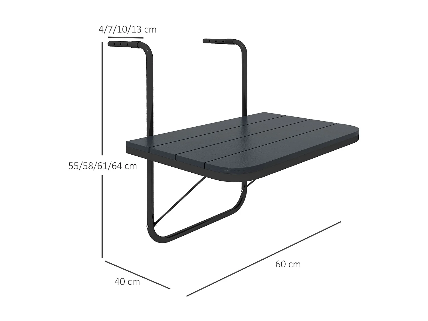 Table suspendue de balcon pliable dim. plateau 60L x 40l cm hauteur réglable 55-64H cm alu plastique noir