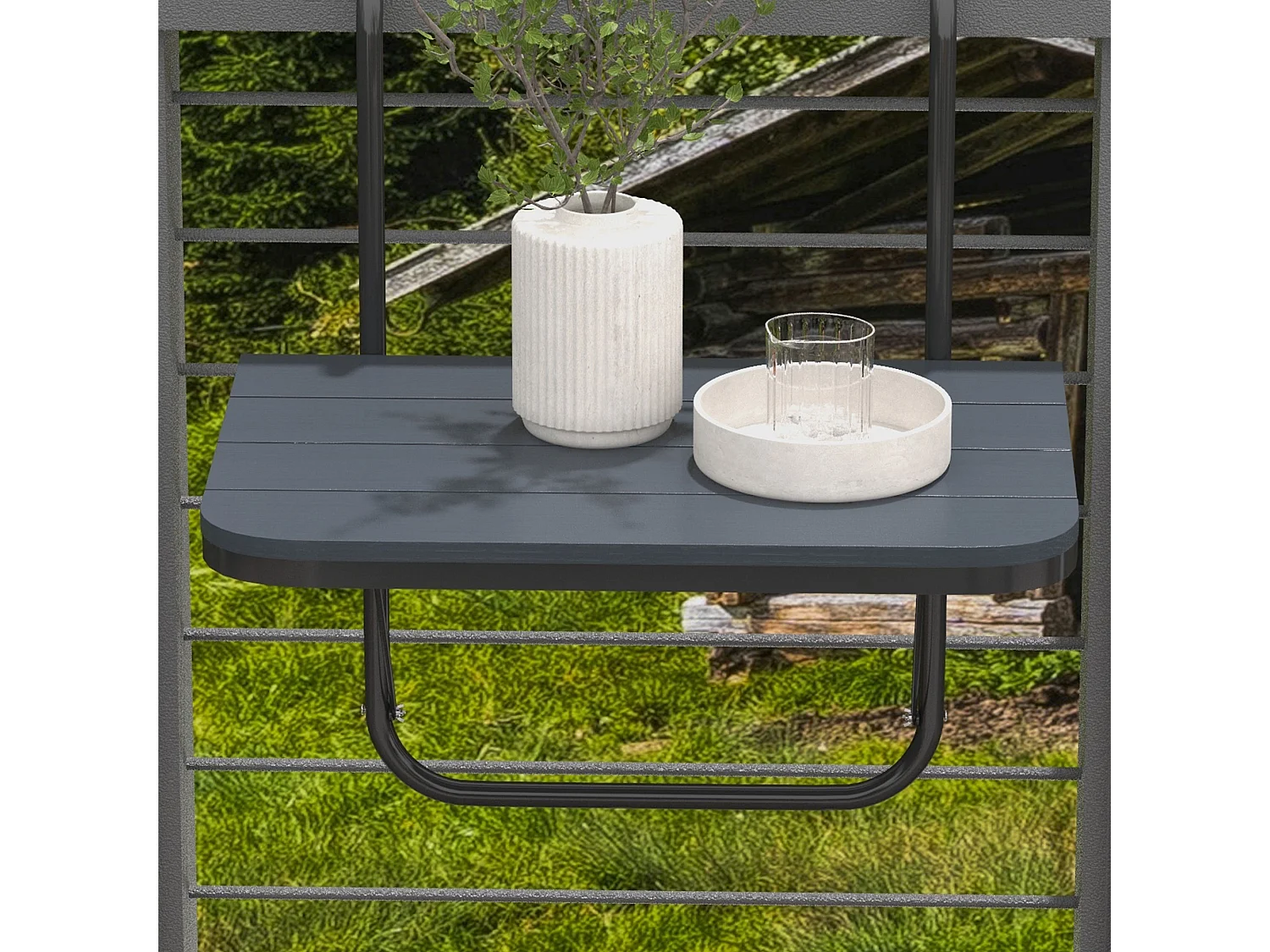 Table suspendue de balcon pliable dim. plateau 60L x 40l cm hauteur réglable 55-64H cm alu plastique noir