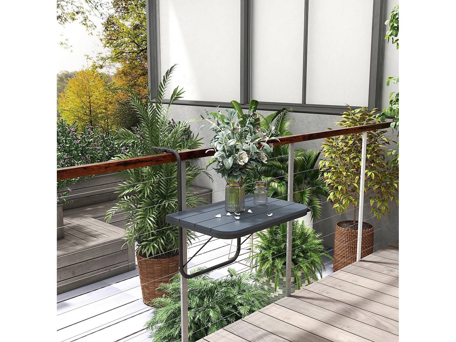 Table suspendue de balcon pliable dim. plateau 60L x 40l cm hauteur réglable 55-64H cm alu plastique noir