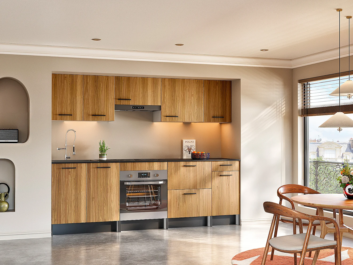 Cozinha completa com plano de trabalho 240 cm natural e preto - TRATTORIA