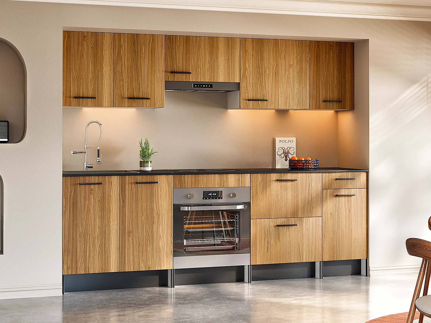 Cozinha completa com plano de trabalho 240 cm natural e preto - TRATTORIA