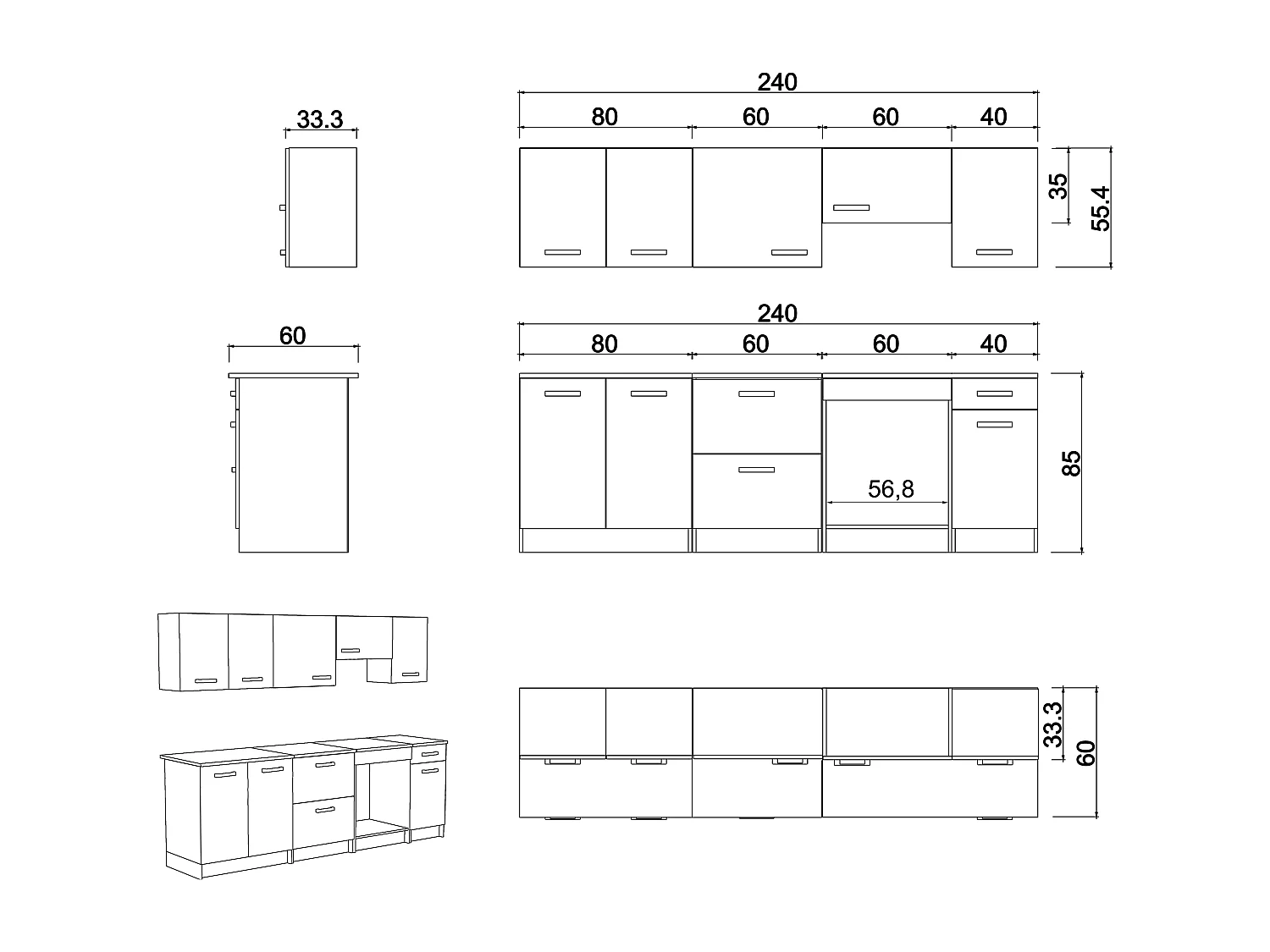 Cozinha completa com plano de trabalho 240 cm natural e preto - TRATTORIA