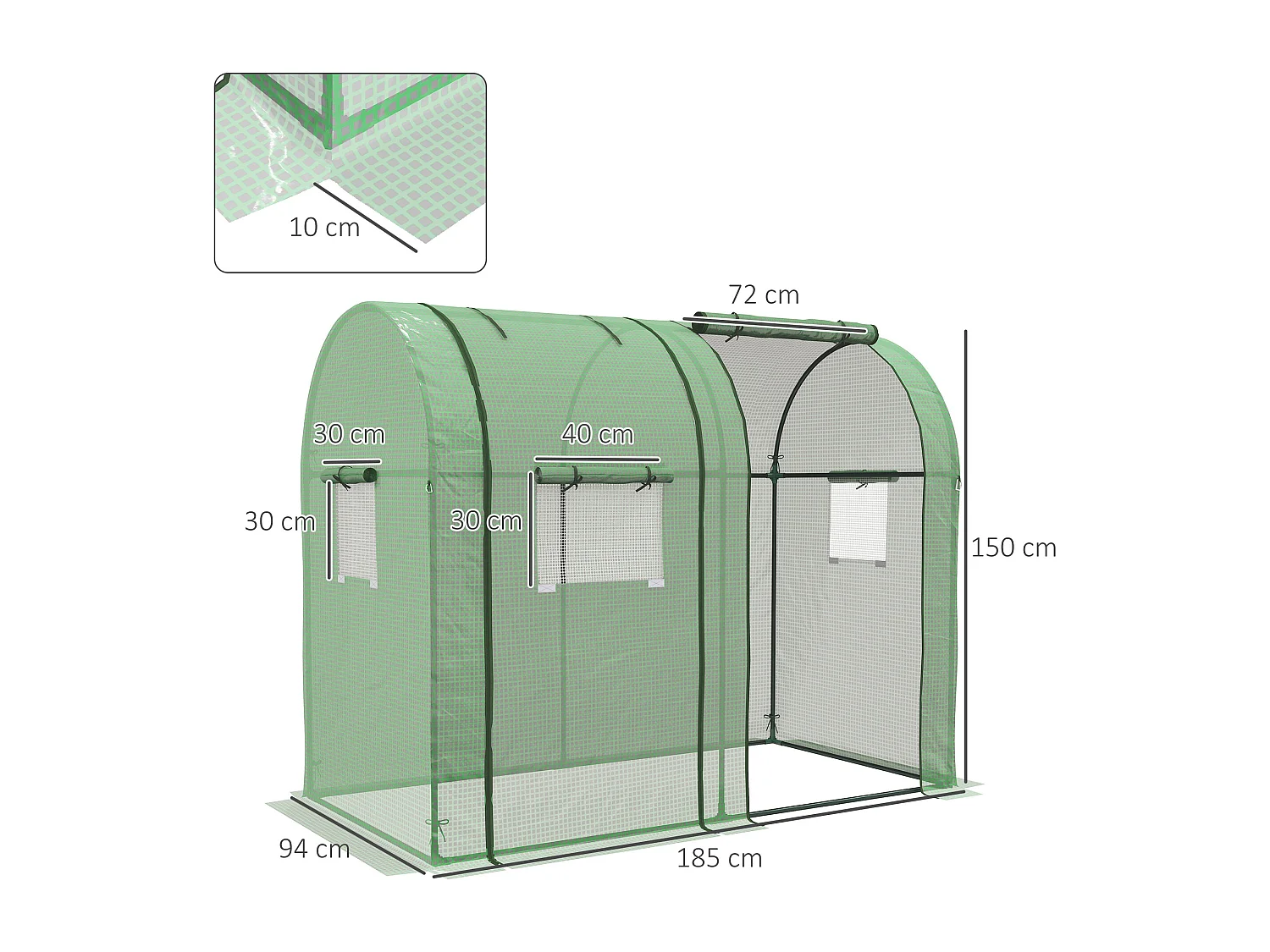 Serre de jardin 1,8 m² 2 portes zippées 4 fenêtres acier PE vert