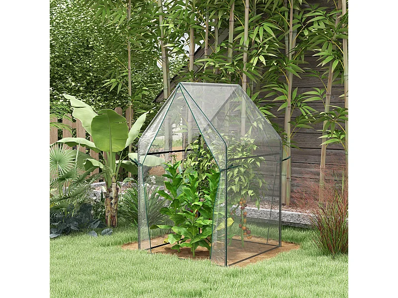 Serre de jardin balcon terrasse serre pour tomates 0,9L x 0,9l x 1,45H m double porte acier PVC transparent vert