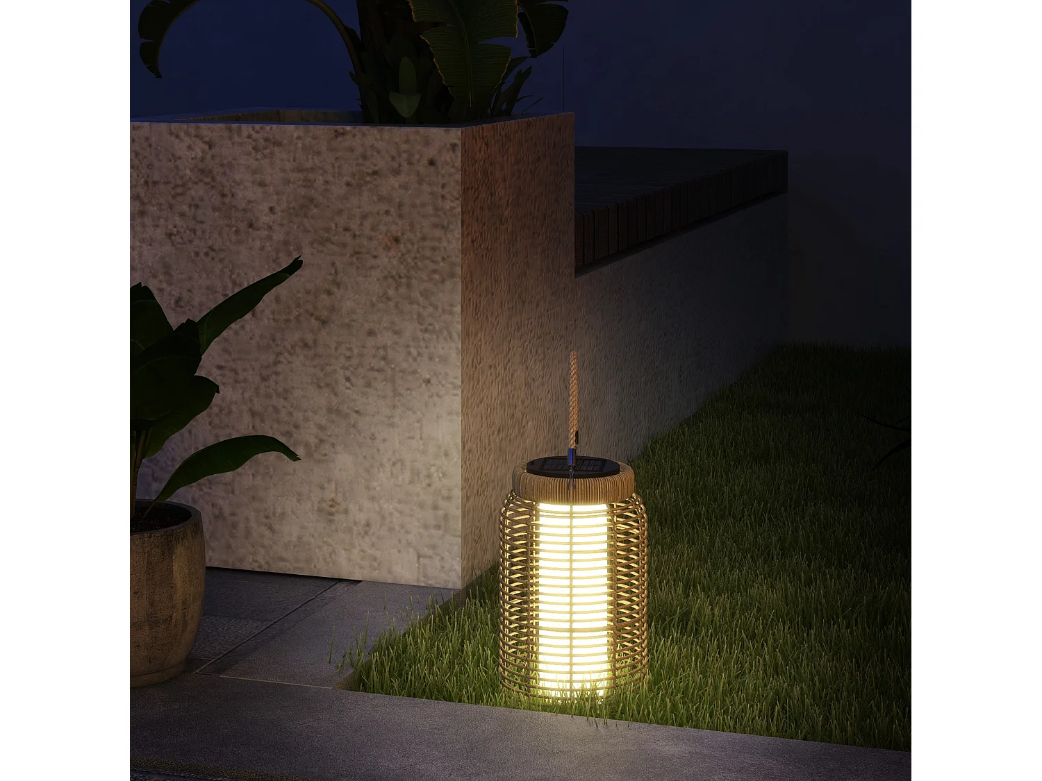 Lampadaire LED de jardin style colonial dim. Ø 18 x 37H cm résine tressée aspect rotin