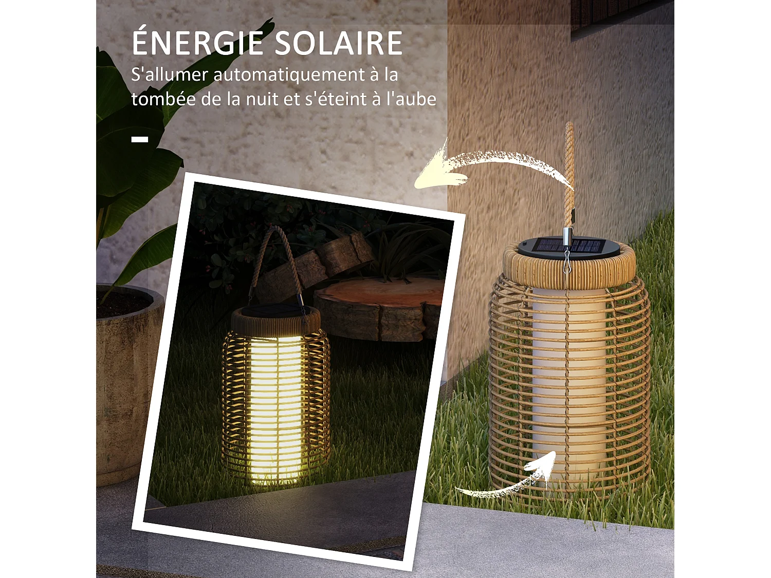 Lampadaire LED de jardin style colonial dim. Ø 18 x 37H cm résine tressée aspect rotin