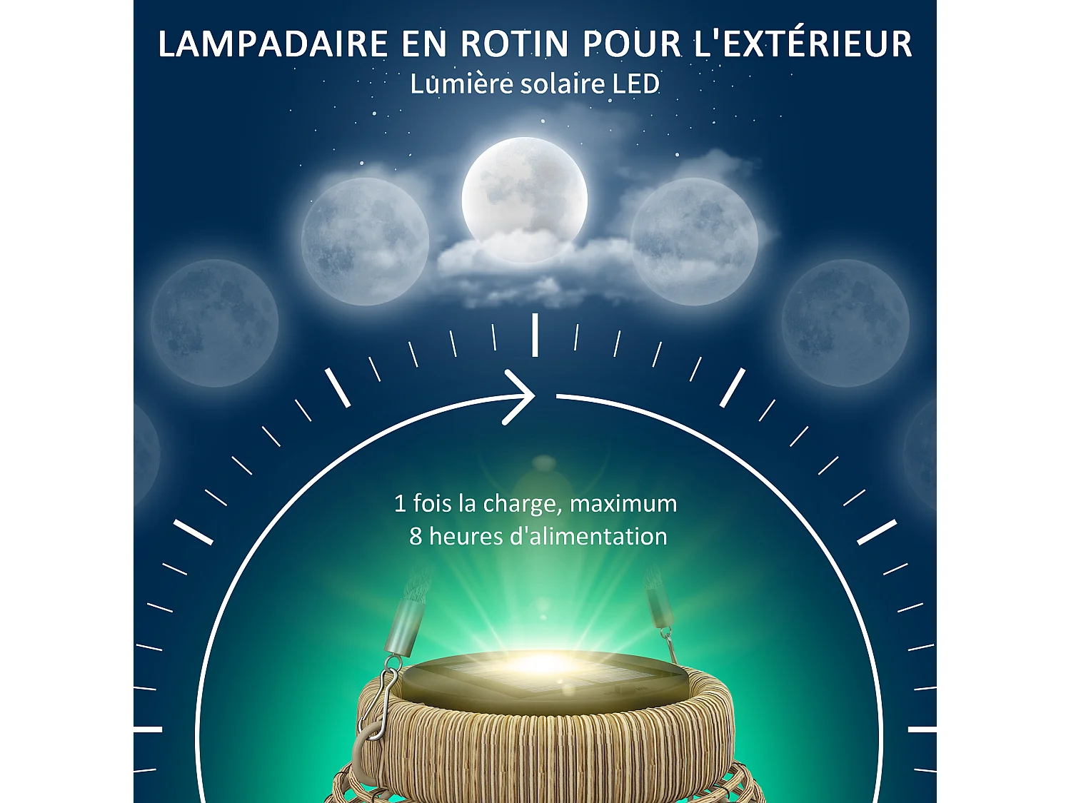 Lampadaire LED de jardin style colonial dim. Ø 18 x 37H cm résine tressée aspect rotin