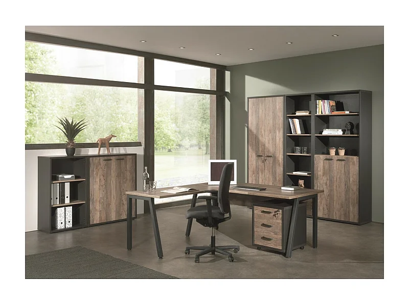 Ensemble de 8 meubles de bureau professionnel coloris chêne vieilli et noir collection SOON