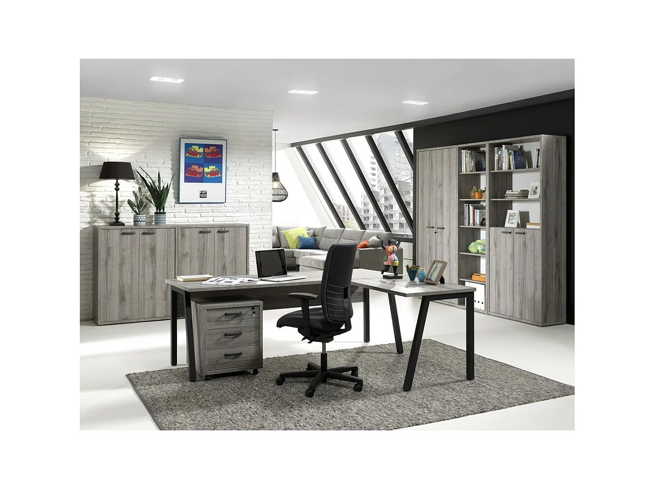 Ensemble de 8 meubles de bureau professionnel coloris gris effet bois collection SOON