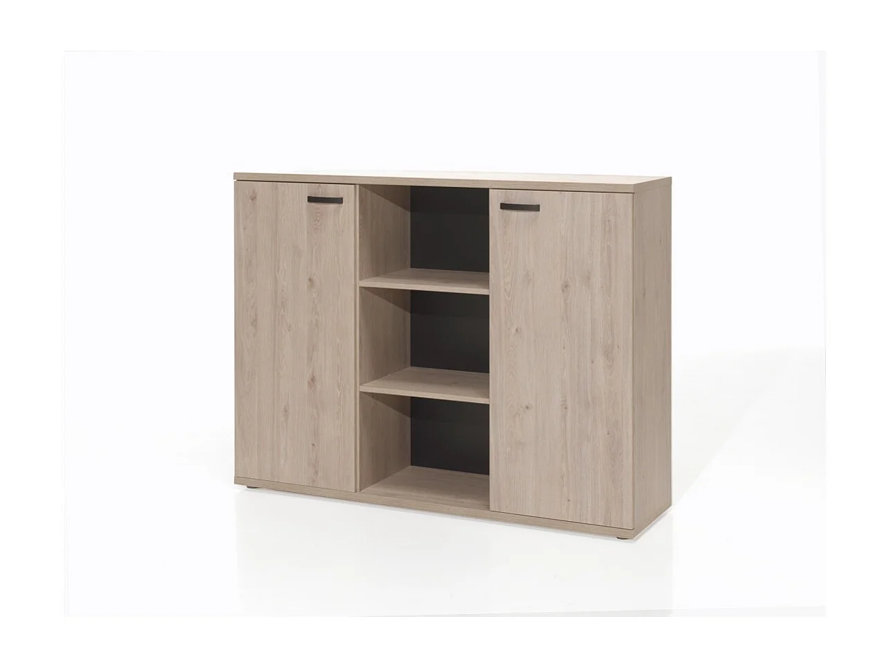 Buffet bas de rangement pour bureau 2 portes et étagères coloris chêne clair collection YUKON
