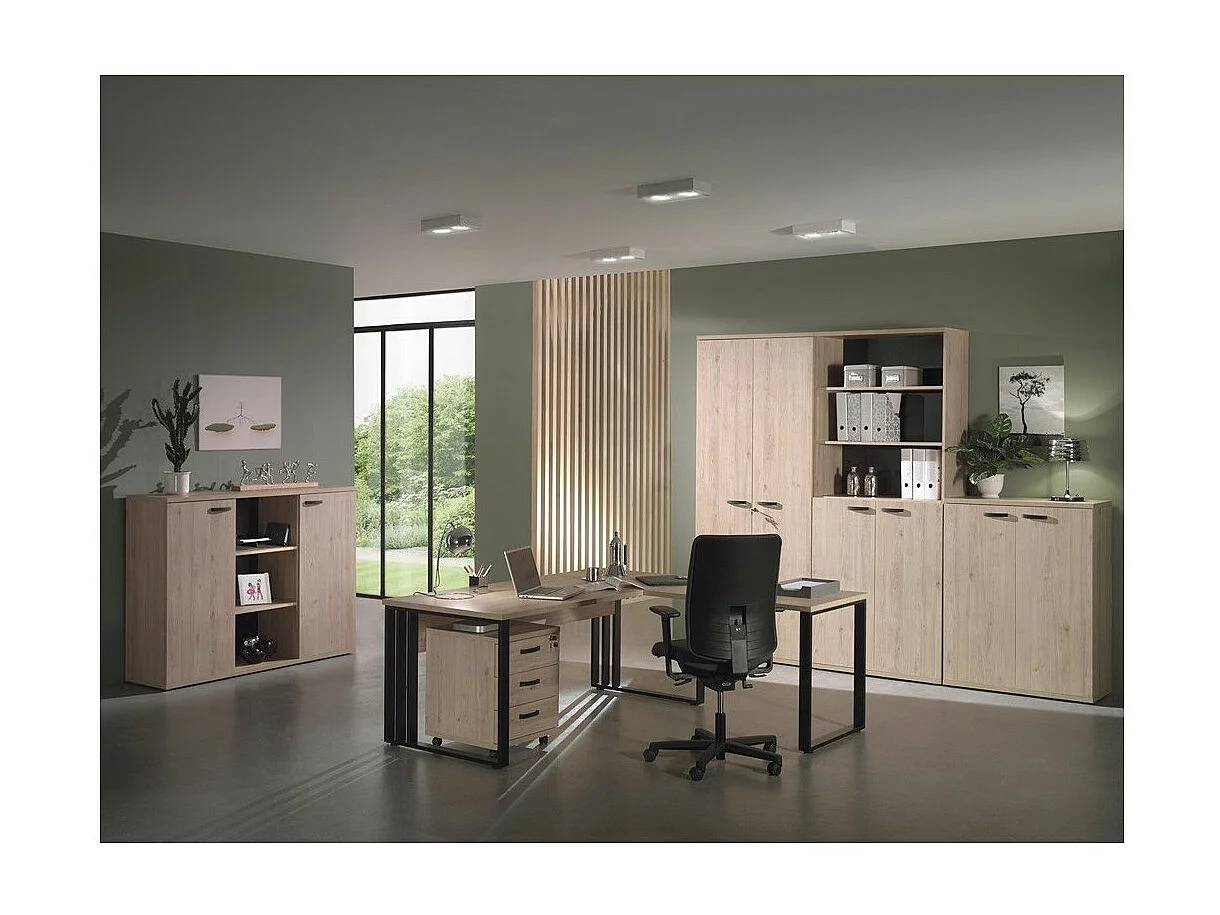 Buffet bas de rangement pour bureau 2 portes et étagères coloris chêne clair collection YUKON