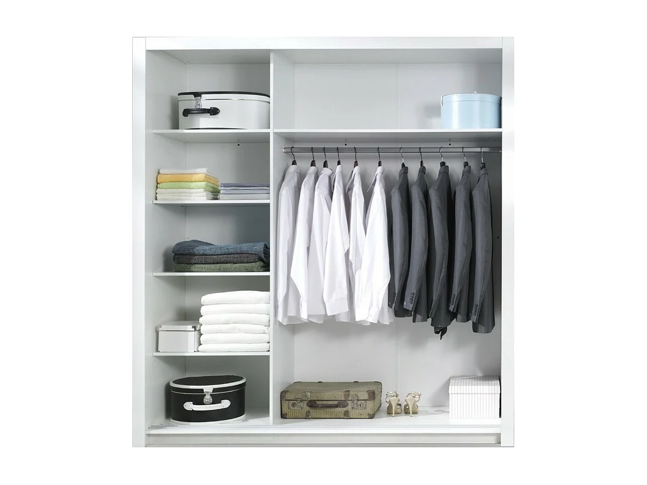 Armadio, guardaroba SENA 208 cm con due porte e specchio, cabina armadio completa con appendiabiti e scaffali, bianco lucido