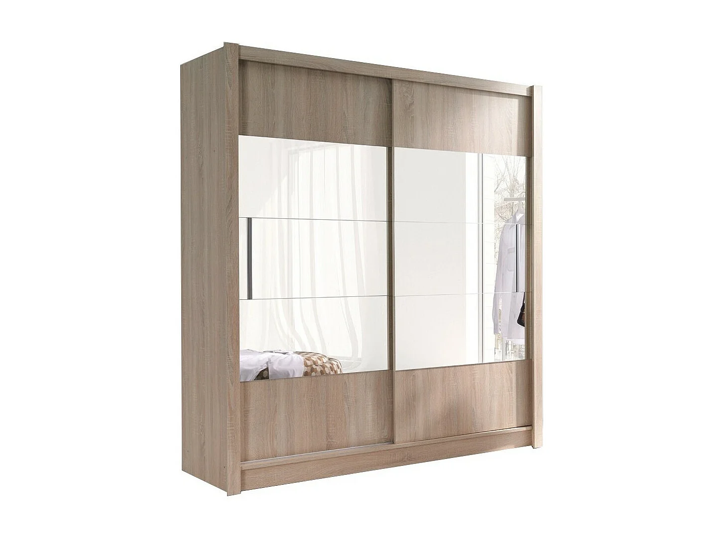 Kleiderschrank, Garderobe ROME 180 cm zwei Türen mit Spiegel, komplette Ankleide mit Kleiderstange und Regalen, Sonoma-Eiche