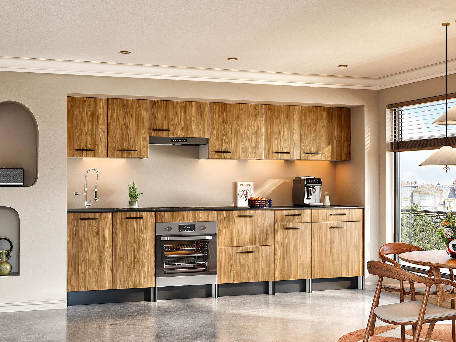 Cozinha completa com plano de trabalho 300 cm natural e preto - TRATTORIA