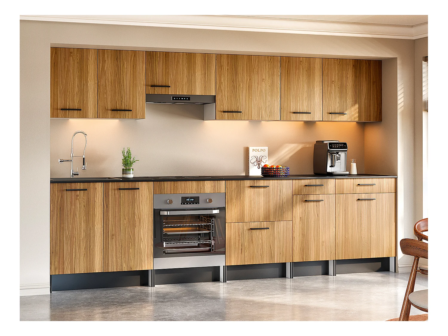 Cozinha completa com plano de trabalho 300 cm natural e preto - TRATTORIA