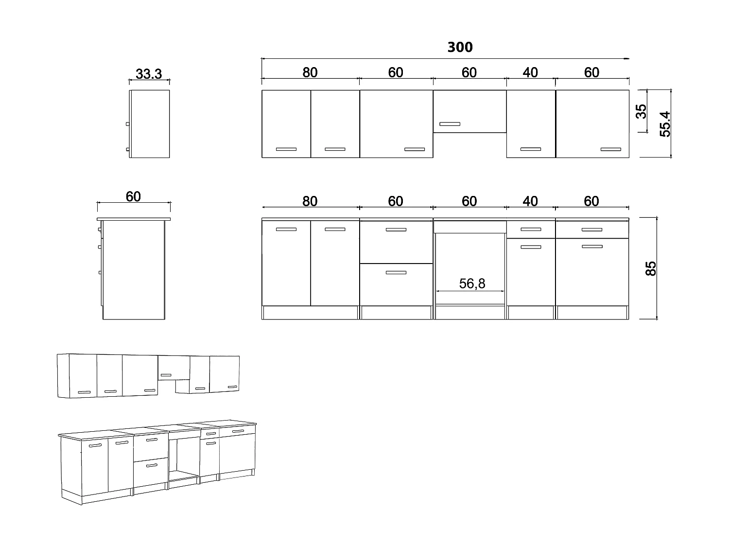 Complete keuken - Met werkblad 300 cm - Naturel en zwart - TRATTORIA