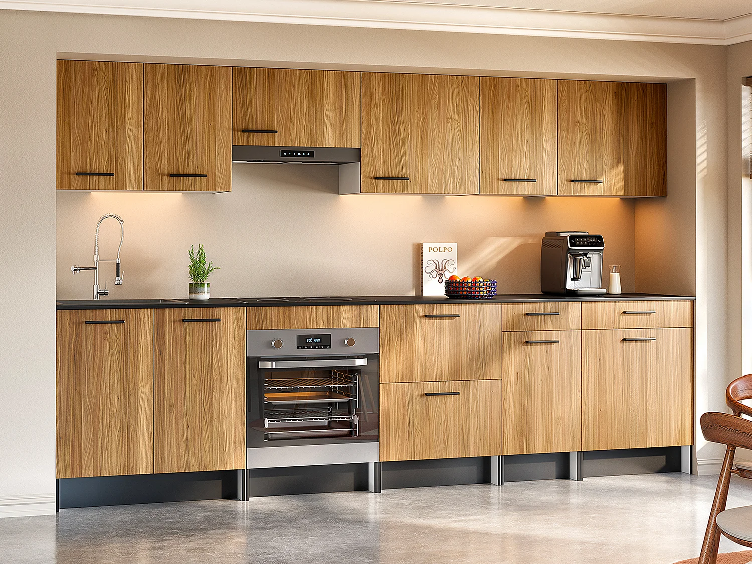 Complete keuken - Met werkblad 300 cm - Naturel en zwart - TRATTORIA