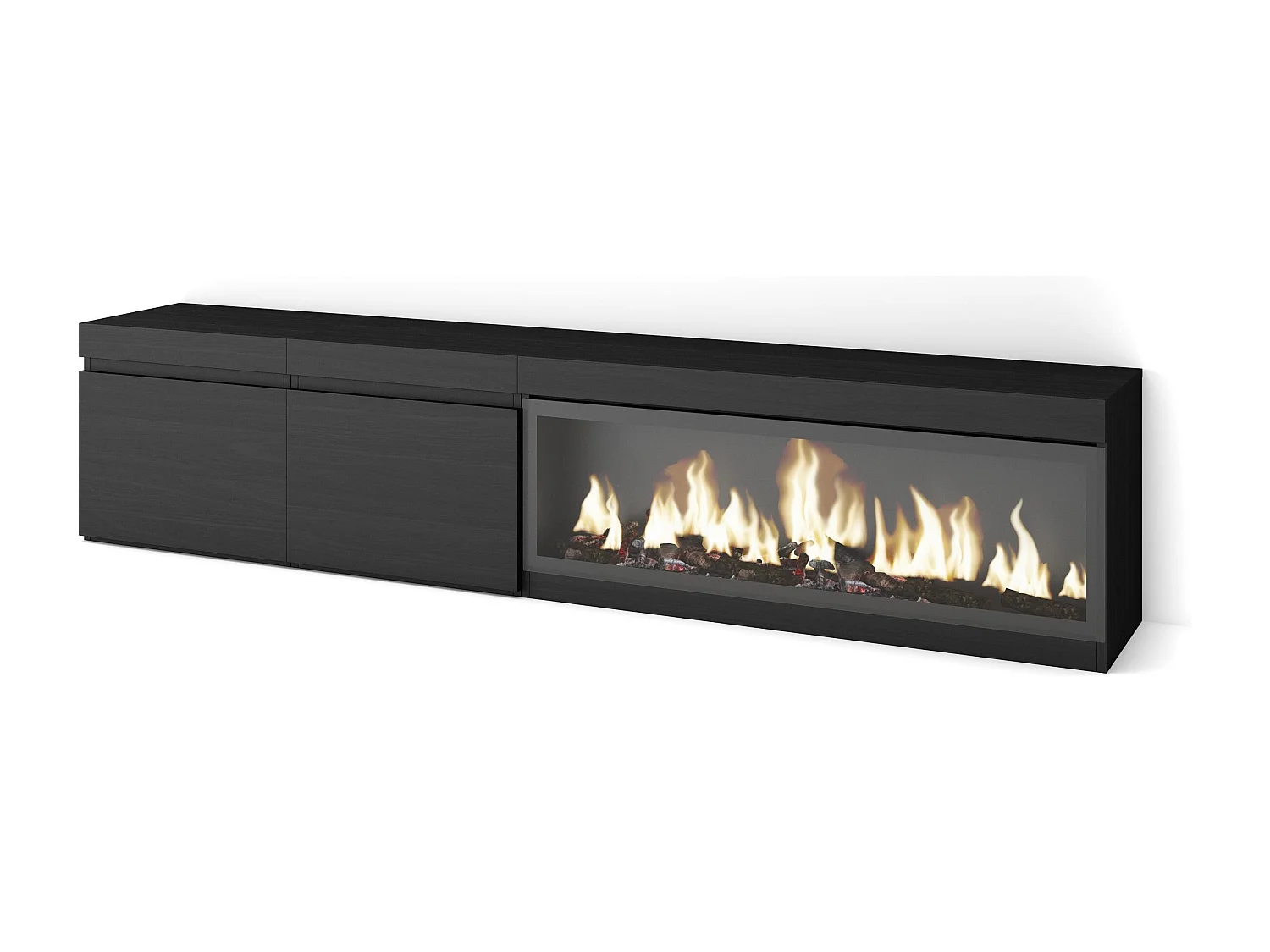 Meuble TV, Banc Télé, 208x35x45cm, Pour les TV jusqu'à 80", Cheminée électrique XXL, Noir