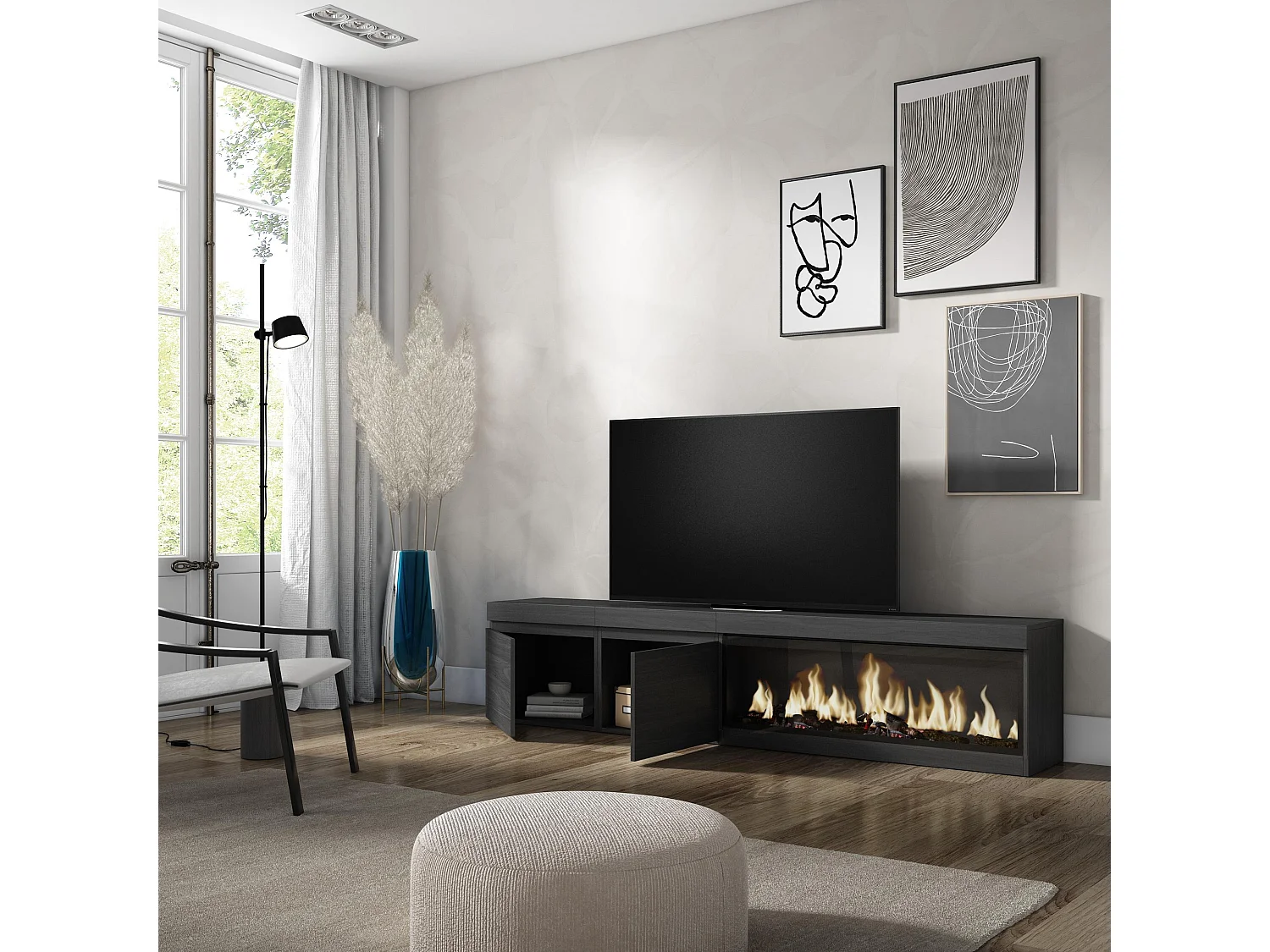 Meuble TV, Banc Télé, 208x35x45cm, Pour les TV jusqu'à 80", Cheminée électrique XXL, Noir