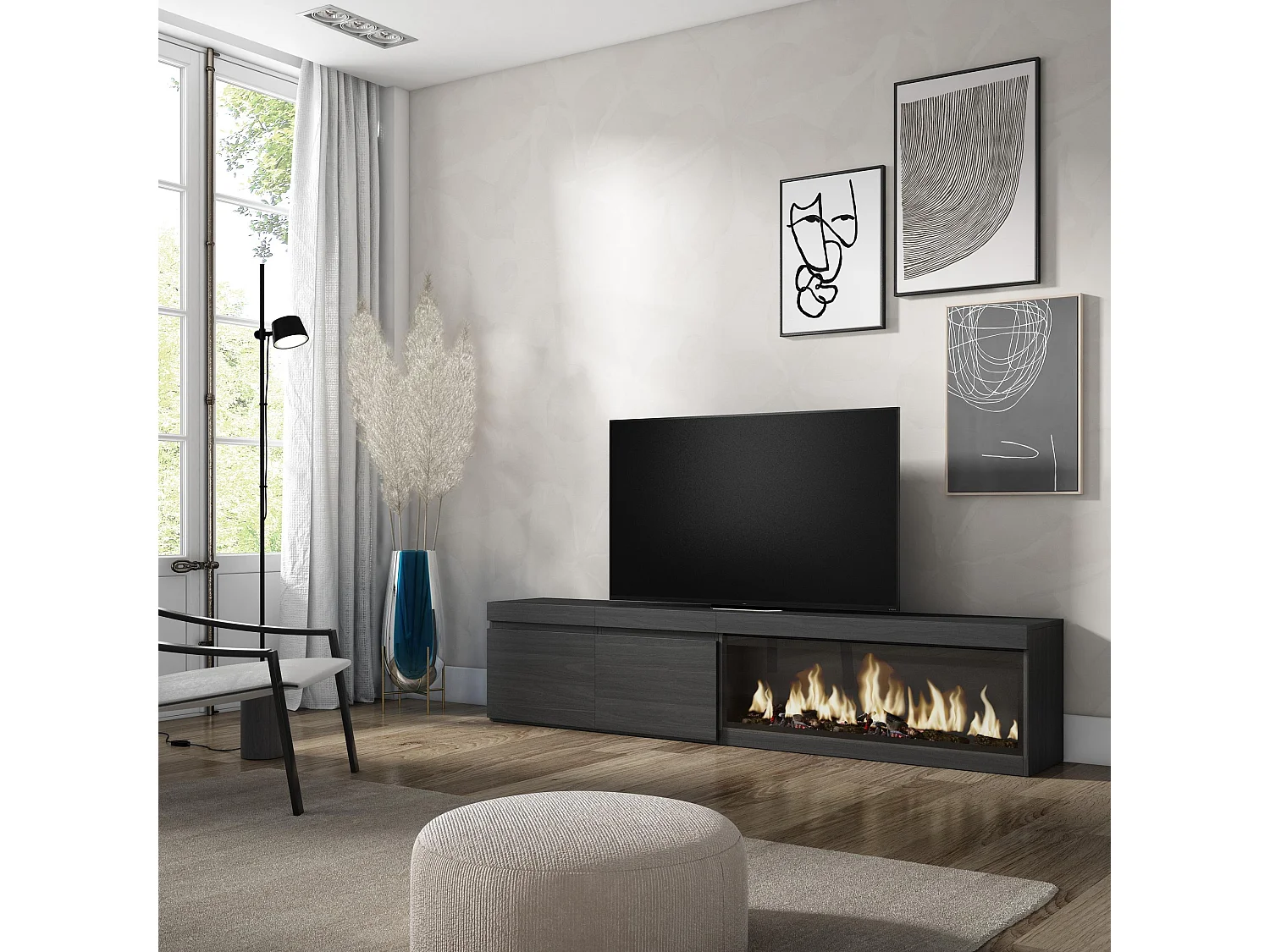 Meuble TV, Banc Télé, 208x35x45cm, Pour les TV jusqu'à 80", Cheminée électrique XXL, Noir