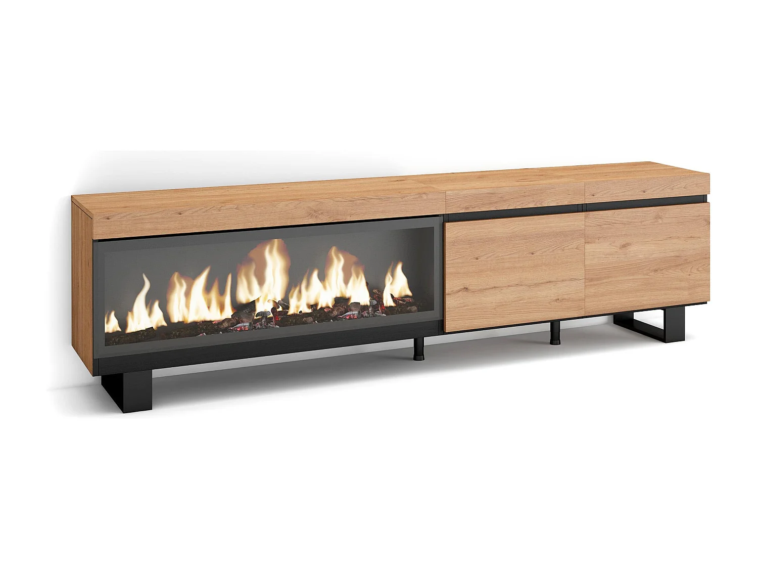 Mobile TV Soggiorno, 208x35x57cm, Per TV fino a 80", Camino elettrico XXL, Design industriale, Rovere