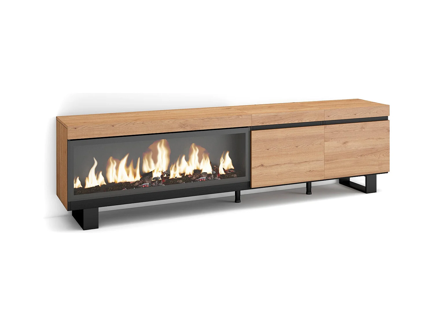 Meuble TV, Banc Télé, 208x35x57cm, Pour les TV jusqu'à 80", Cheminée électrique XXL, Design industriel, Chêne