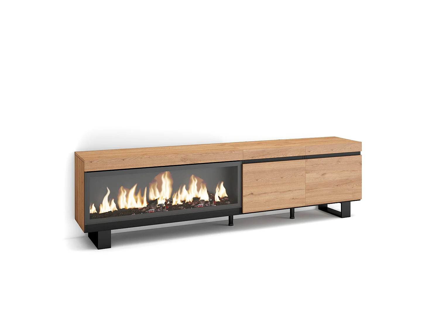 Meuble TV, Banc Télé, 208x35x57cm, Pour les TV jusqu'à 80", Cheminée électrique XXL, Design industriel, Chêne