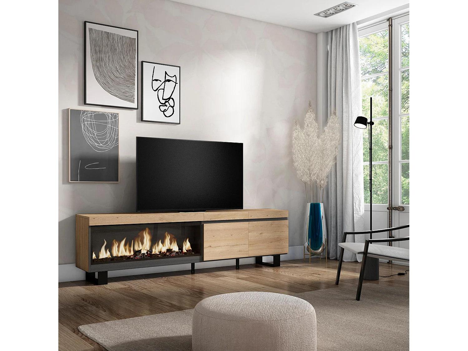 Meuble TV, Banc Télé, 208x35x57cm, Pour les TV jusqu'à 80", Cheminée électrique XXL, Design industriel, Chêne