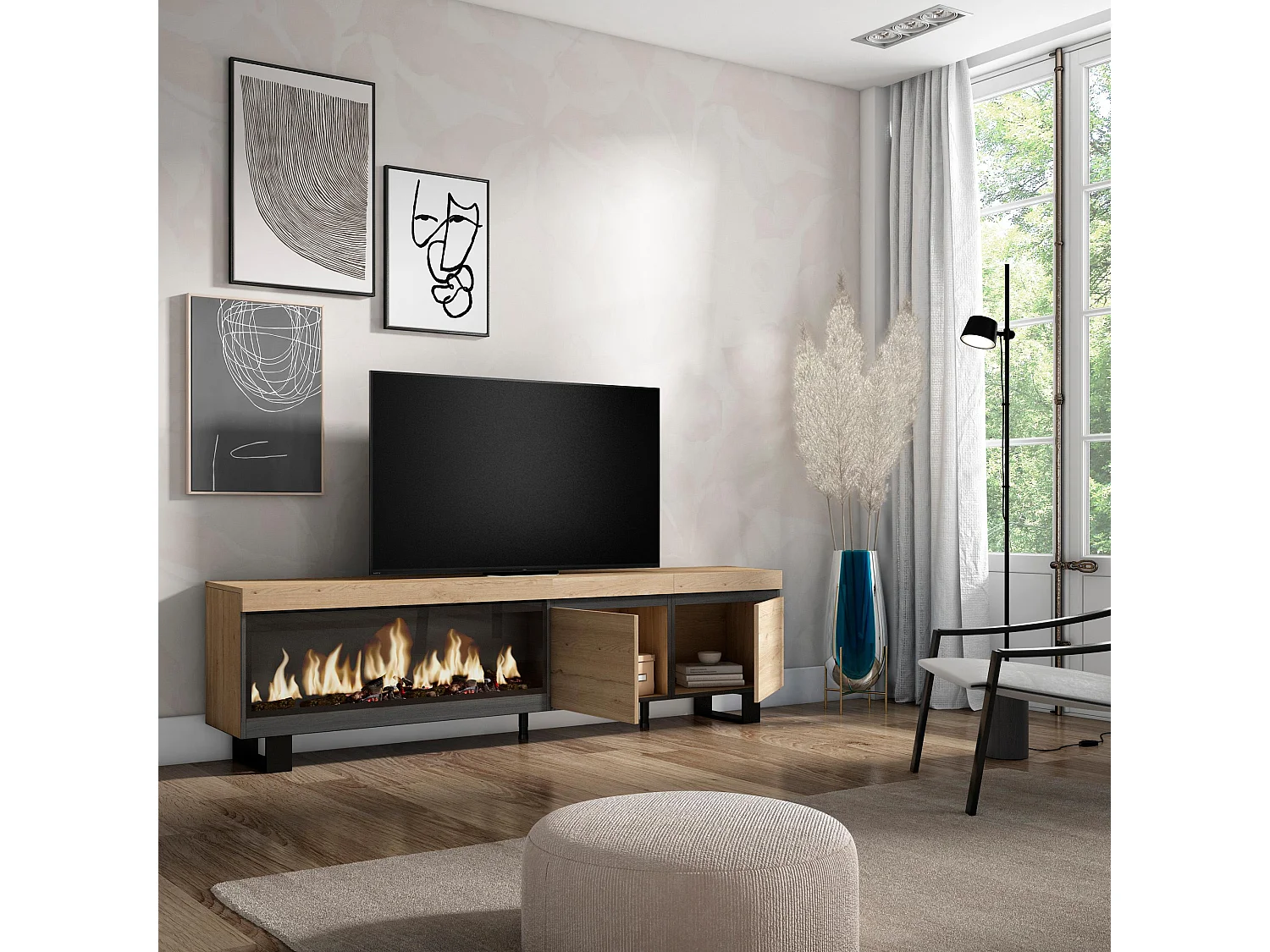 Meuble TV, Banc Télé, 208x35x57cm, Pour les TV jusqu'à 80", Cheminée électrique XXL, Design industriel, Chêne