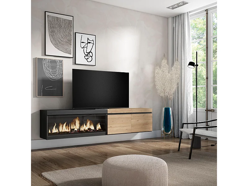 Meuble TV, Banc Télé, 208x35x45cm, Pour les TV jusqu'à 80", Cheminée électrique XXL, Suspendu, Mural, Chêne et noir