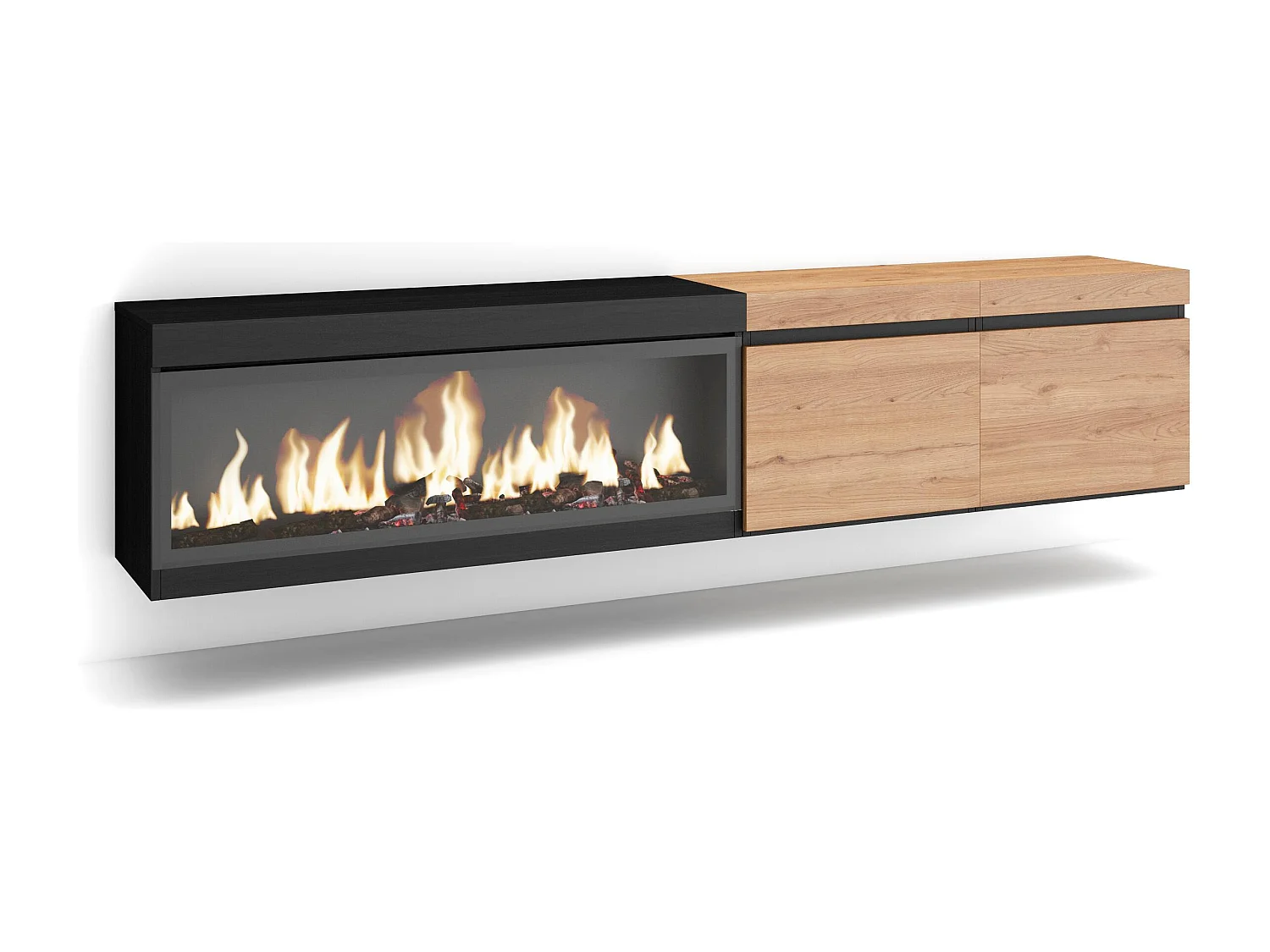 TV-Meubel, Lowboard, 208x35x45cm, Voor tv's tot 80", Elektrische haard XXL, Hangend, Eiken/Zwart