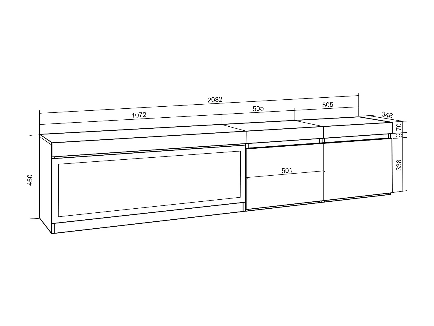 TV-Meubel, Lowboard, 208x35x45cm, Voor tv's tot 80", Elektrische haard XXL, Hangend, Eiken/Zwart