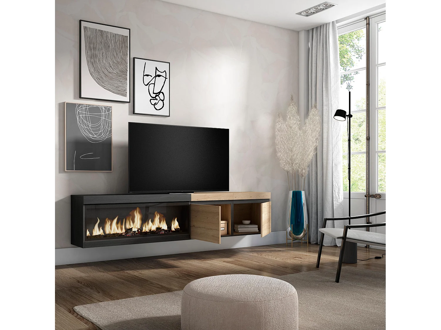 TV-Meubel, Lowboard, 208x35x45cm, Voor tv's tot 80", Elektrische haard XXL, Hangend, Eiken/Zwart