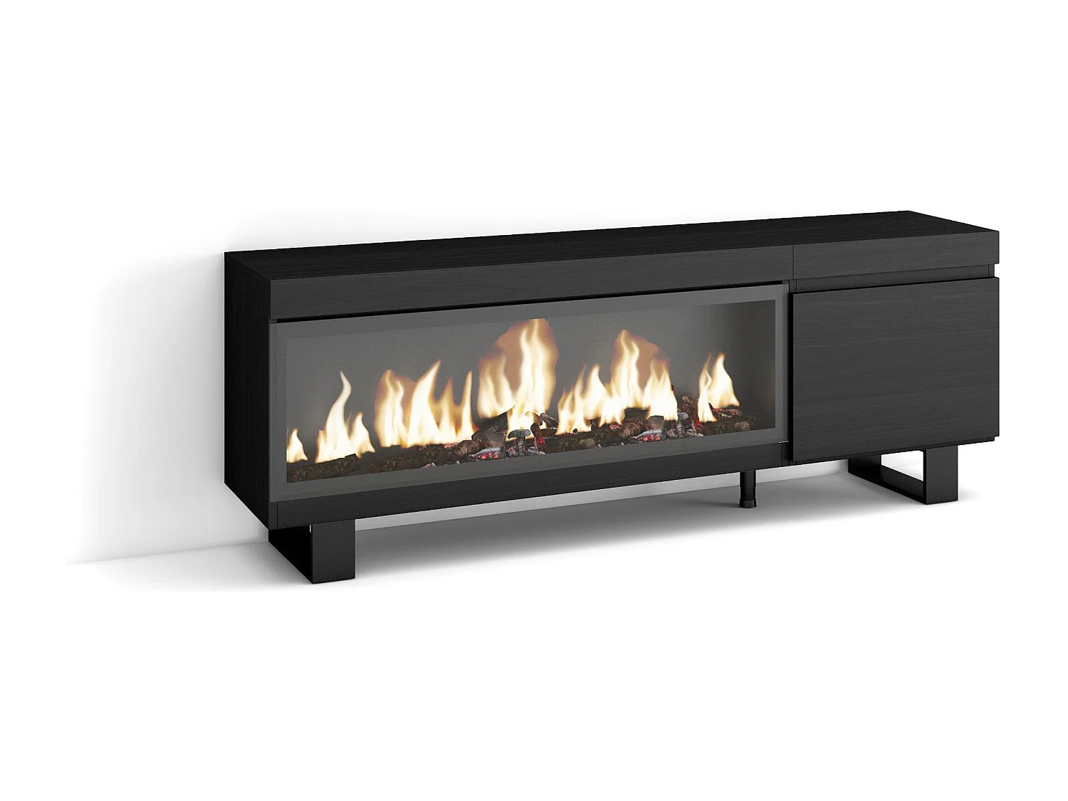 Meuble TV, Banc Télé, 158x35x57cm, Pour les TV jusqu'à 65", Cheminée électrique XXL, Design industriel, Noir